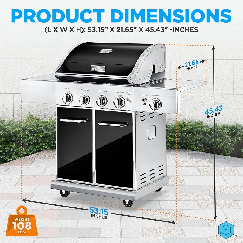 52,000 BTU 5-Burner Stainless Steel Propane Gas Grill with Portable Design, Electronic Ignition, Built-in Thermometer