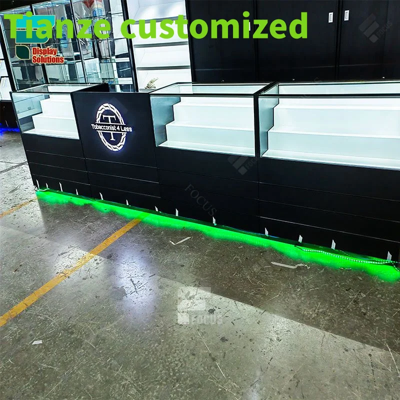 (Customized) Wood Display Stand Retail Led Lighting Glass Shelves Display Kiosk Cigar Display Racks Smoke Shop