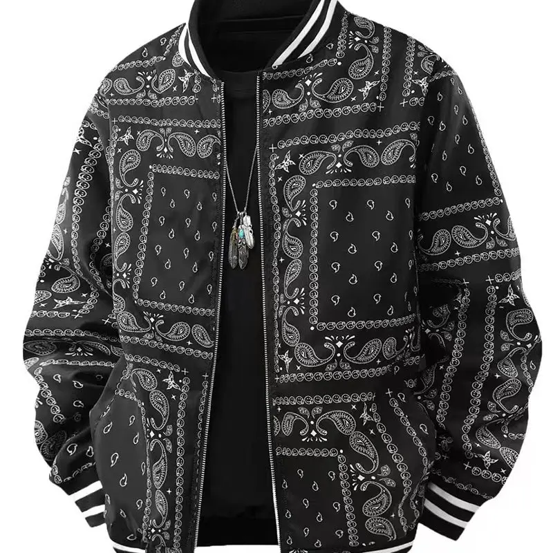 

Men's Vintage Paisley Print Flight Jacket, Retro Paisley Style Casual Zip-Up Jacket, Fashionable Street Style Ribbed Collar and Ribbed Cuffs, Comfortable Fabric, Multiple Colors Available, American Retro Trendy Everyday Wear Top