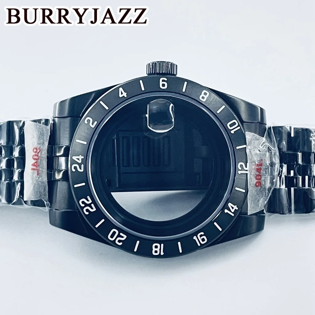 BURRYJAZZ 39 مللي متر NH34 NH35 NH36 NH70 NH72 ETA2824 PT5000 ساعة حافظة GMT وعاء من الستانليس ستيل الأسود والياقوت الزجاجي