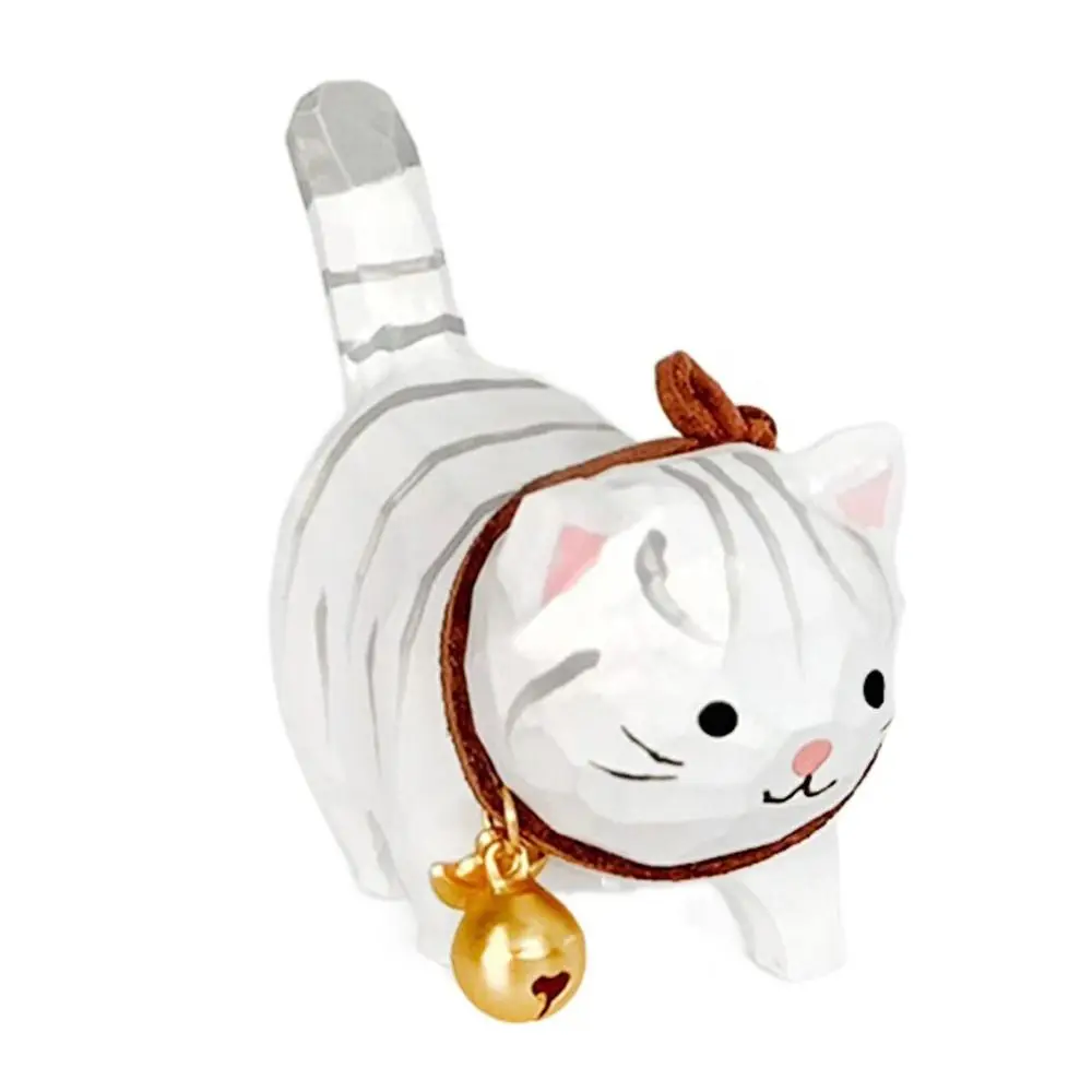 Bell Cat Wood Carving Cat Ornament Solid Wood Simple Style Painted Cartoon Cat Sculpture Handmade Small