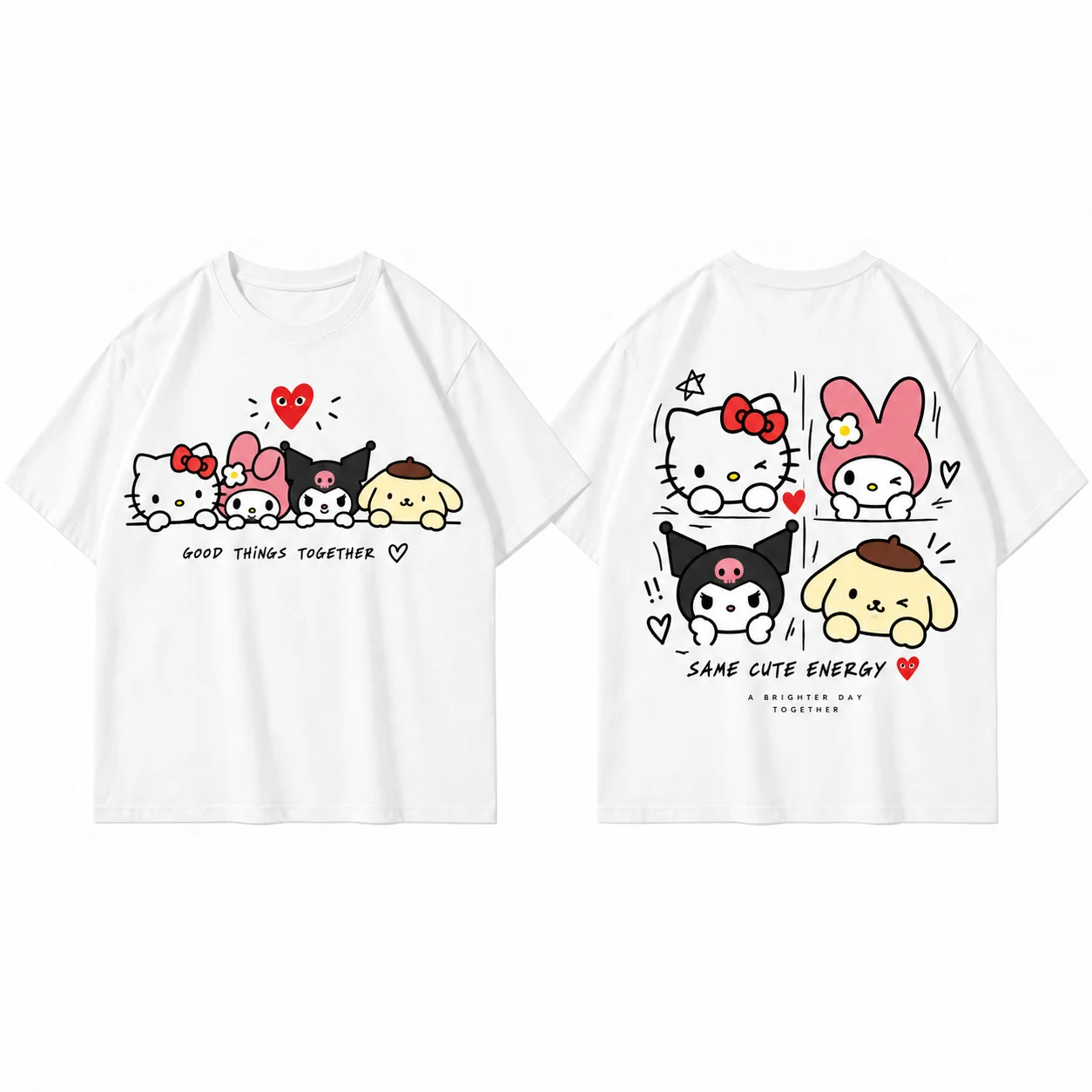 Sanrio Hello Kitty Parent Child Family Heart Cute Print T Shirt Men's Women's White Kawaii Streetwear Short Sleeve Oversized Top