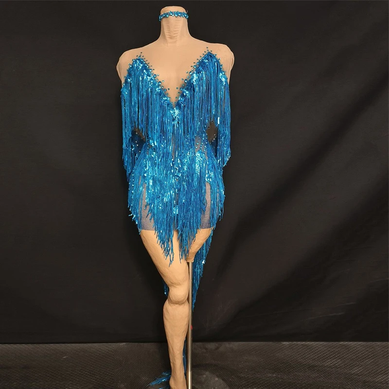 Azul completo franjas strass vestido feminino lantejoulas vestido de festa bar dj ds celebrar roupa palco trajes jazz club wear xs10788