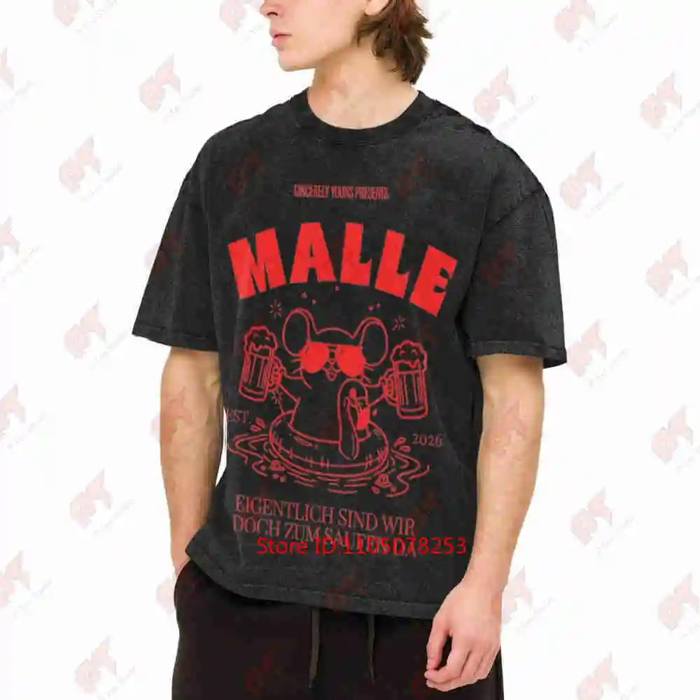 Malle 2026 Mallorca Party Mouse Beer Flamingo Vintage Washed Tee Pure Cotton T-Shirt
