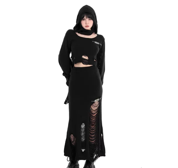 Herfst Winter Punk Persoonlijkheid Meisjes Fishtail Gebreide Lange Rok Zwarte Hoge Taille Mode Veelzijdige Holle Straat Rokken