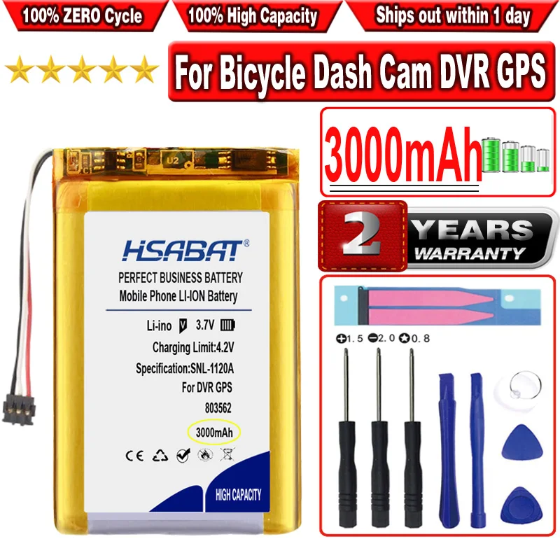 HSABAT 3000mAh 803562 3-wire Connector Battery for Bicycle Dash Cam DVR GPS