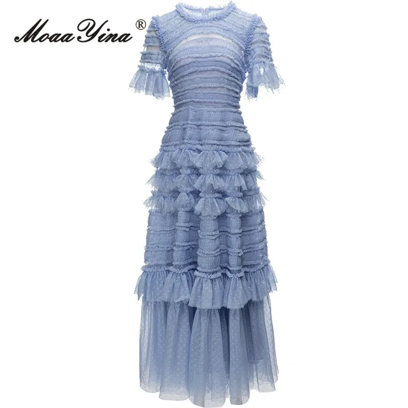 MoaaYina Summer Fashion Designer Light Blue Vintage Mesh Dress Women's O-neck High Waist Cascading Ruffles Polka Dots Long Dress