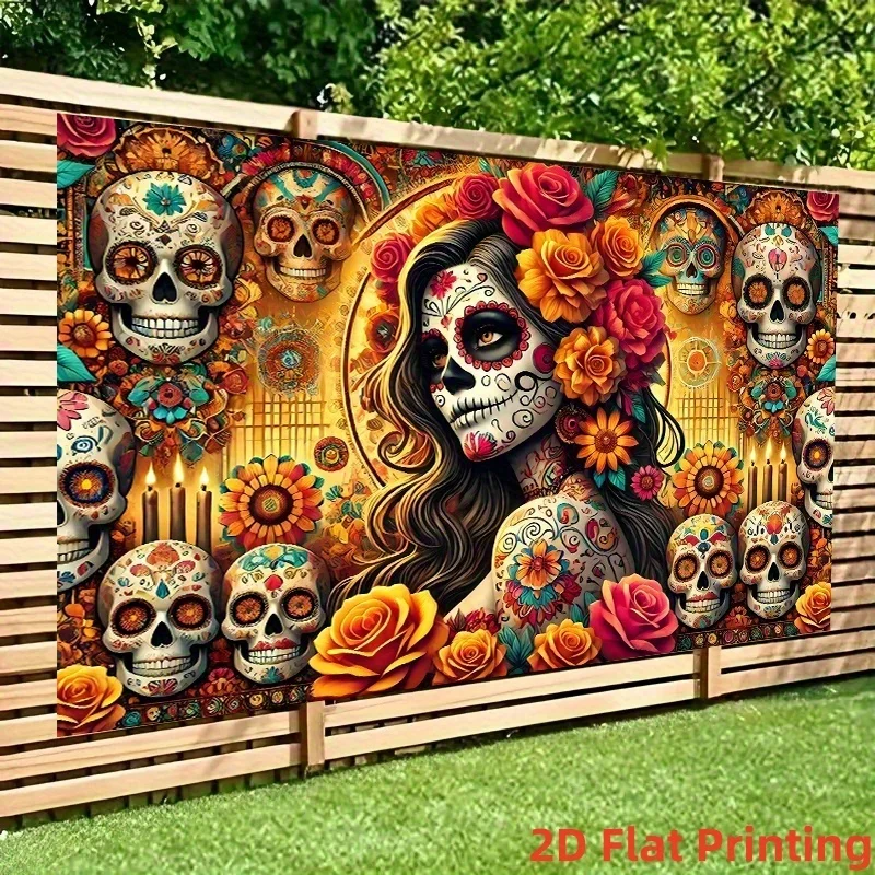 لافتة مسطحة ثنائية الأبعاد قطعة واحدة من لافتة خلفية فنية هيكل عظمي مكسيكية تقليدية - جدار من القماش الحيوي يغطي الزهور
