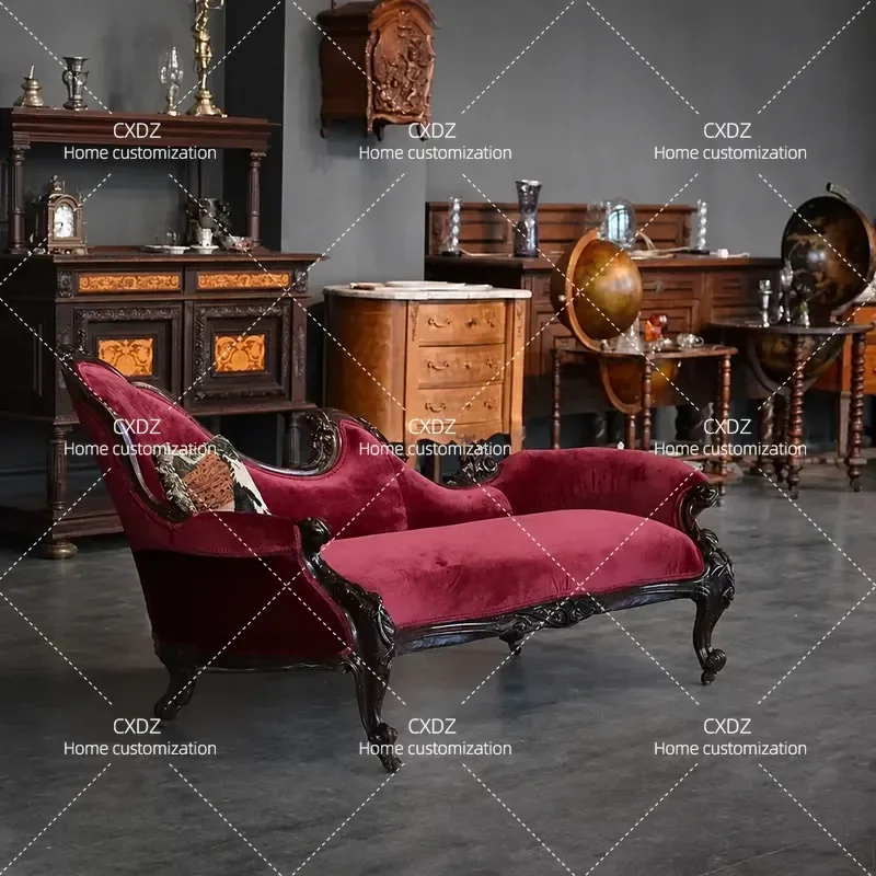Retro Carved Red Suede Recliner Solid Wood Living Room Decorative Leisure Chair Home Furniture