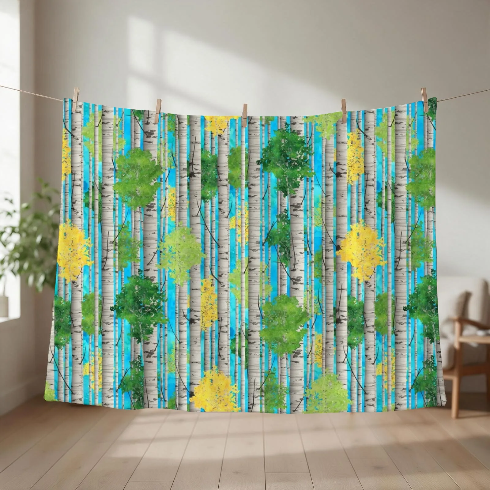 Watercolor Birch Trees Pattern Throw Blanket couch cozy soft plush fuzzy picnic outdoor blanket