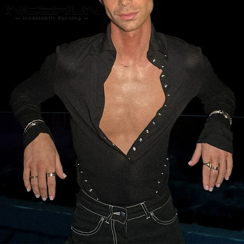 INCERUN Męska Koszula Patchworkowa z Klapami, Długi Rękaw, Zapinana na Guziki, Casualowa Odzież Męska, Camisas Streetwear, Moda Męska 2025, Koszule Męskie S-3XL