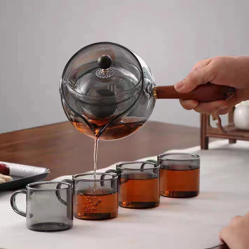 HeY LiLac Hitzebeständiges Borosilikatglas Teekanne und Teetassen-Set mit Holzgriff - Qianming Rauchgrauer Xiaoyao-Topf