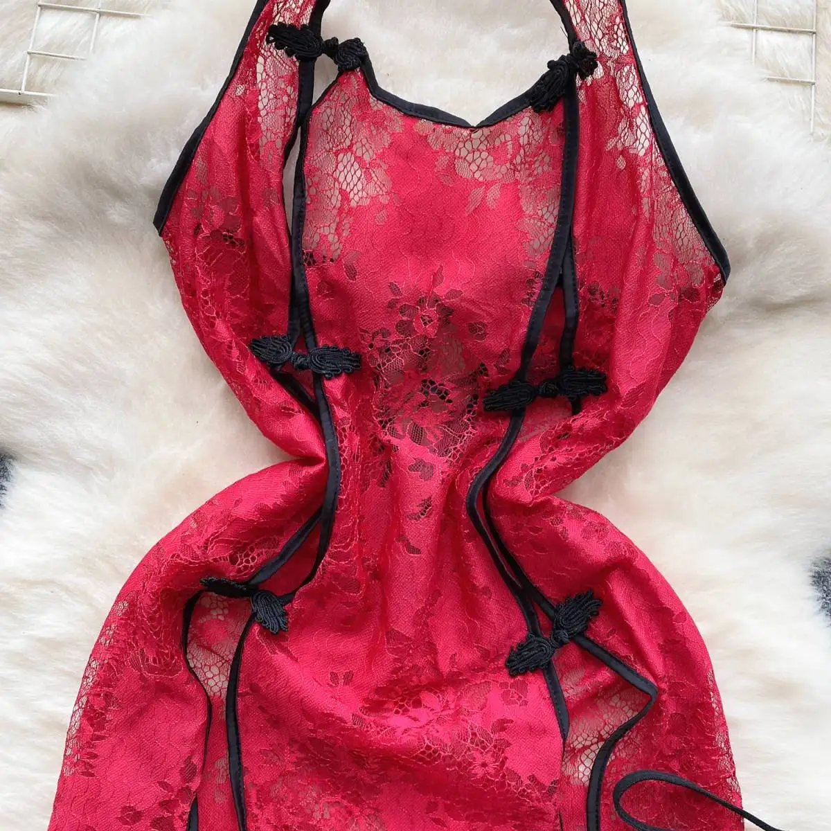 セクシーなホルターネックレディースミニドレス中空アウトセクシーなレースドレスホットスリットボディコン睡眠ドレス女性のエロランジェリーパジャマドレス