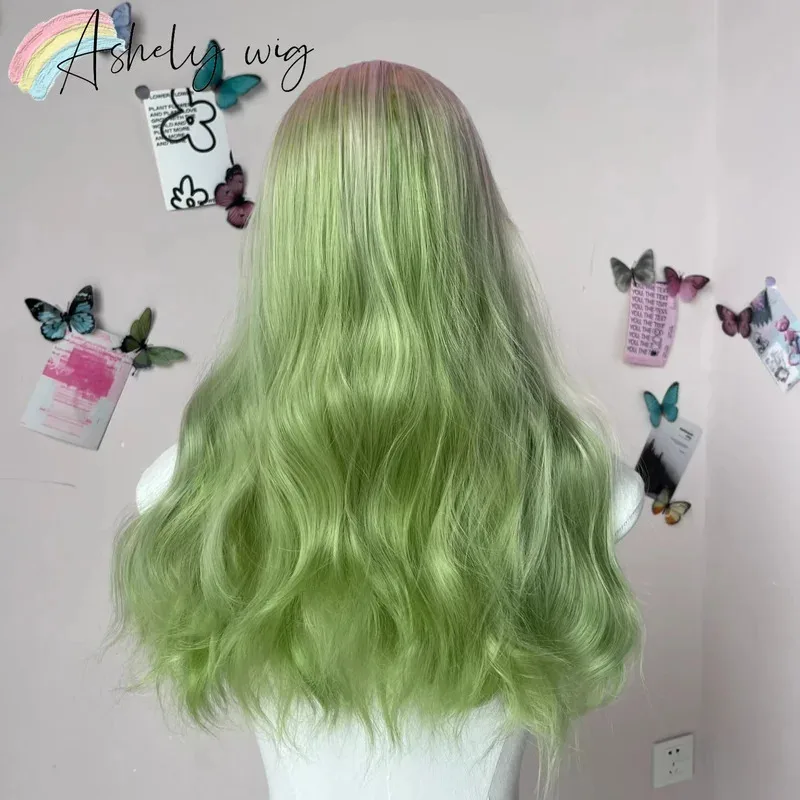 أومبير الوردي الأخضر شعر مستعار للنساء مانا معبد كانروجي ميتسوري كوس شاولومي الوردي الأخضر طويل مجعد شعر مستعار الإناث رئيس الباروكات