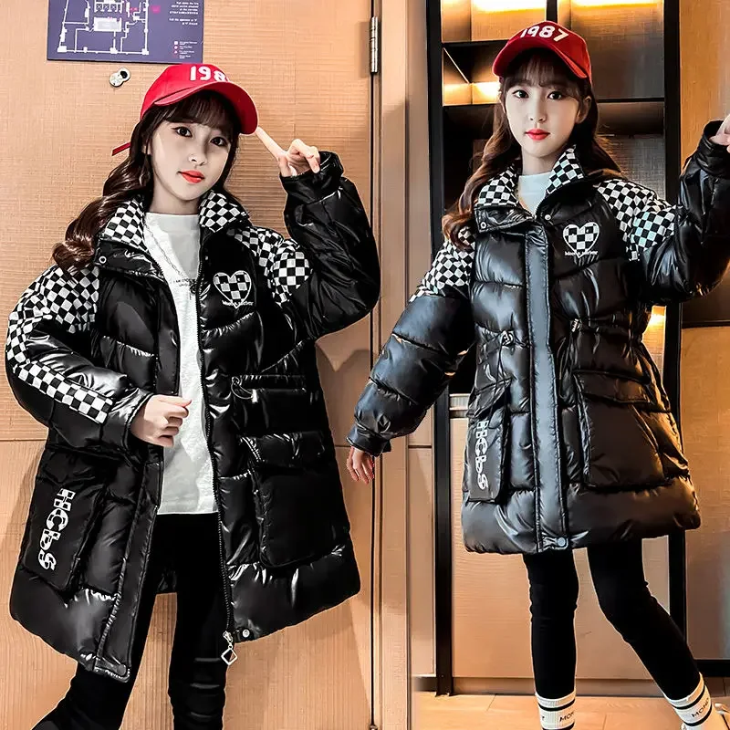 2024 New Winter Parkas Jacket for Girls Plaid Coat Waterproof Shiny Hooded Children Outerwear 4 To14 Year Teenage Kids Snowsuit