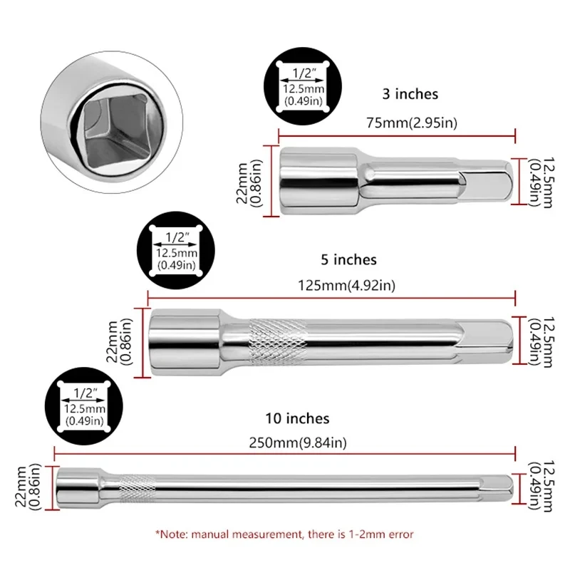 1Piece 75/125/250mm Long Extension Bar 1/2 Drive Ratchet Socket Extender Hand Tools Long Bar Steering Sleeve Connecting Rod Part