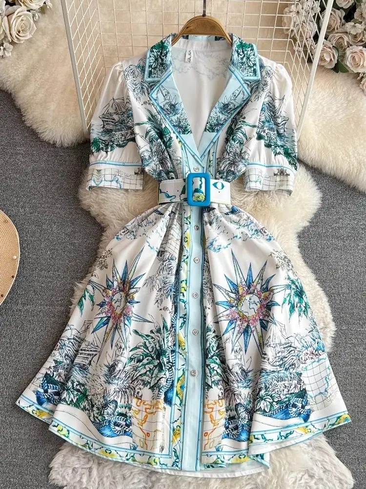 Summer Runway Leaves Print Green Puff Sleeve Dress Women Notched Collar Single Breasted Belt Mini A Line Party Vestidos