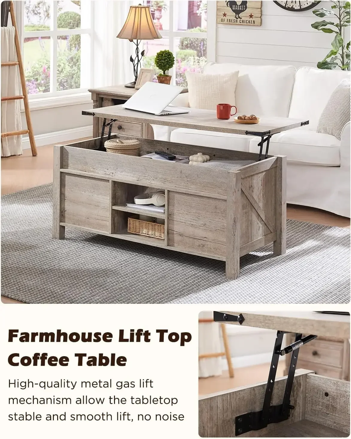 48" Farmhouse Lift Top Coffee Table with Sliding Barn Door,Rustic Center Table with Hidden Storage Compartment,Lifting Tabletop