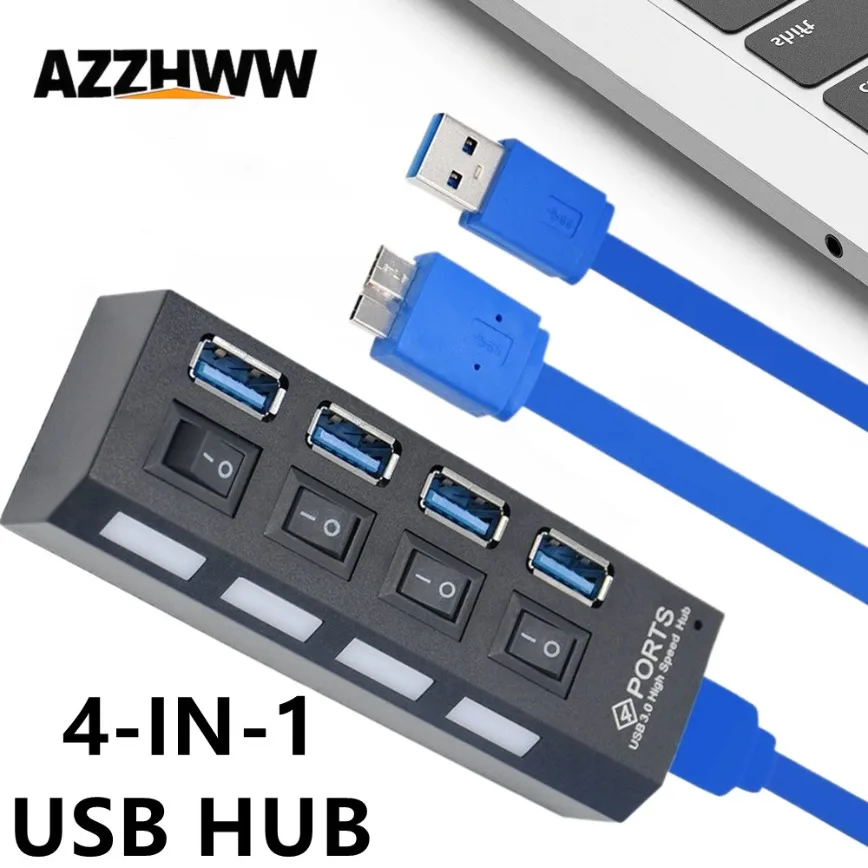 

USB 3.0 Hub With Individual LED ON/Off Switches 4-Port USB Hub USB Extender Splitter for Laptop PC MacBook Computer Accessories