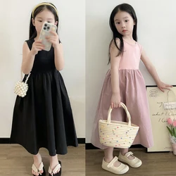 3-8Y Girls' Sweet Princess Dress Summer Dress Girl Sleeveless Fluffy Dress Patchwork Ruffled Design Solid Color Dress