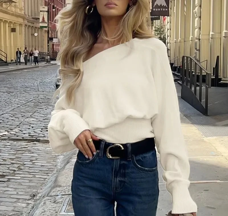 

Осенний пуловер с открытыми плечами, женский теплый свитер с длинными рукавами, уличный свободный женский вязаный топ для офиса