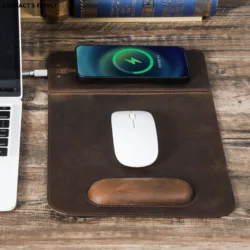 Retro Cowhide Leather Wireless Mouse Pad Computer IOS Android Phone 15w Fast Charging Waterproof Desk Mat Wrist Rest Office