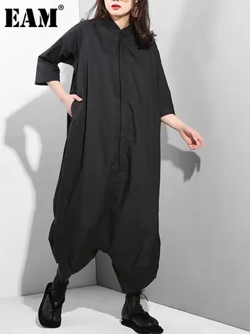 [EAM] Loose Fit Women Black Wide Leg Long Jumpsuit New High Waist Pocket Stitch Pants Fashion Tide Spring Autumn 2026 YA11601