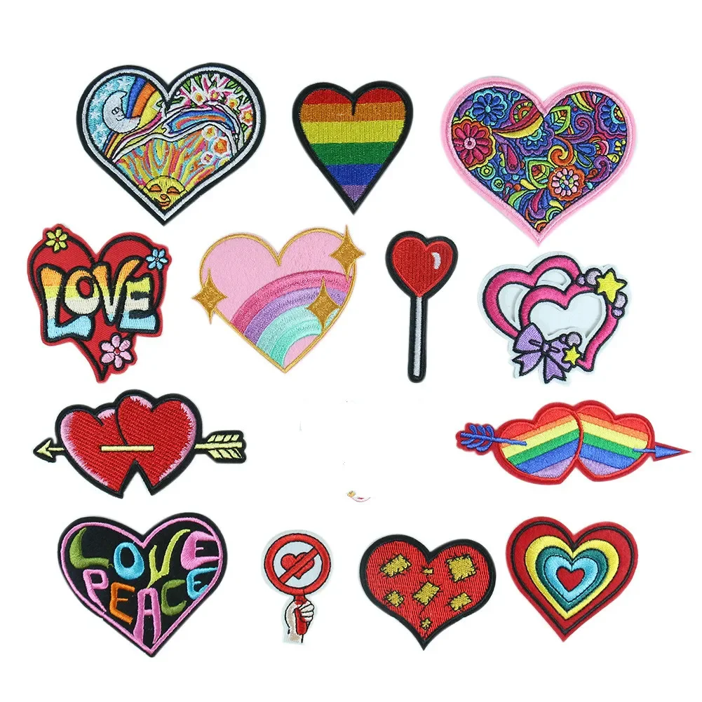 Multicolor Embroidered Red Rainbow Shaped Patches Iron on Small Love Heart Stickers DIY Fabric Appliques Clothes Accessories