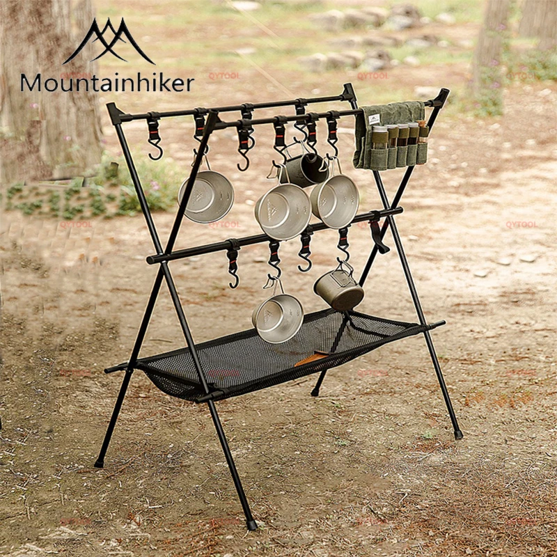 

Mountainhiker Outdoor Foldable Storage Rack with Hook Net Multifunction Tableware Tripod Picnic BBQ Cookware Shelf Hanging Rack