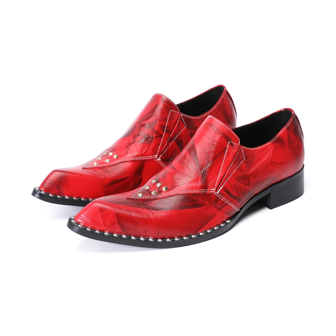 

Red Print Genuine Leather Men Dress Shoes Large Size Slip on Business Office Brogue Shoes Male Night Club Party Formal Shoes