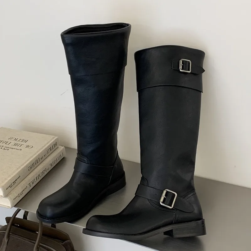 Eilyken New Design Splicing Belt Buckle Knee-High Boots Women Retro Round Toe Square Low Heels Autumn Winter Shoes