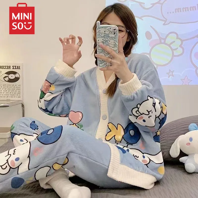 Miniso Sanrio My Melody Kuromi Kawaii cartoon pajamas set women coral fleece thicken warm home clothes set girls birthday gifts