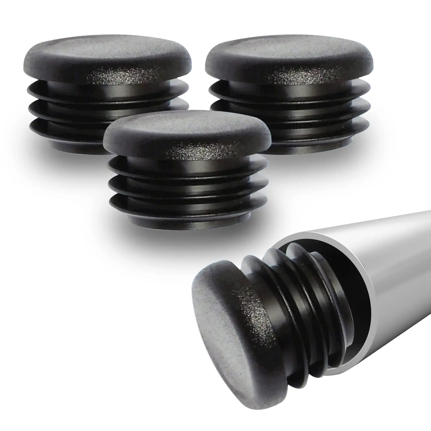 Ribbed Plastic Hole Plugs ound Black Metal Tubing End Caps Strong Furniture Leg Inserts Impact & Weather Resistant 12mm to 100mm