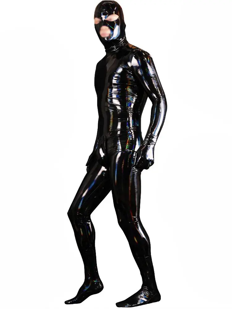 Catsuit de PVC de aspecto húmedo para hombre, mono de piel sintética brillante con láser, medias de Cosplay, Zentai leotardo, mono Sexy unido, peluches Unitard