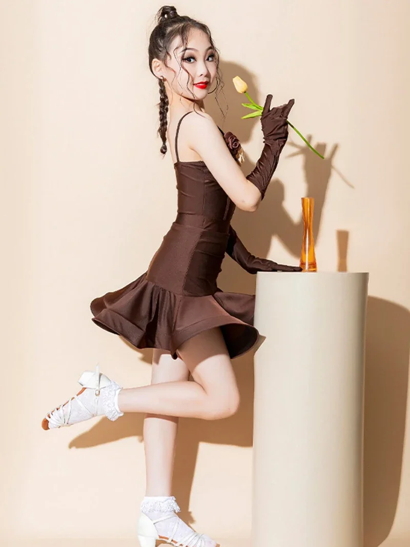Koffie Kids Meisje Performance Latin Dance Grote Rok Zoom Training Rugloze Samba Chacha Rumba Professionele Wedstrijd Kostuum