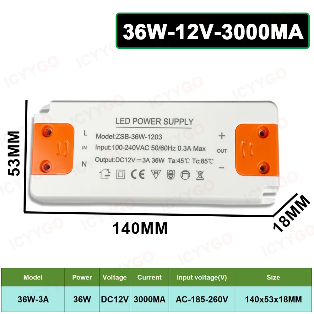 LED-voeding DC12V 12W 18W 24W 36W 60W 120W Verlichtingstransformator LED-voeding 1A 1,5A 2A 5A 10A voor LED-lichtstrip