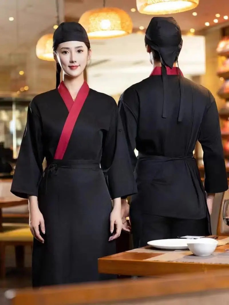 Japanese Style Men Women Waiters Long Sleeved Working Clothes Top Apron Hat Set Restaurant Catering Staff Breathable Uniform