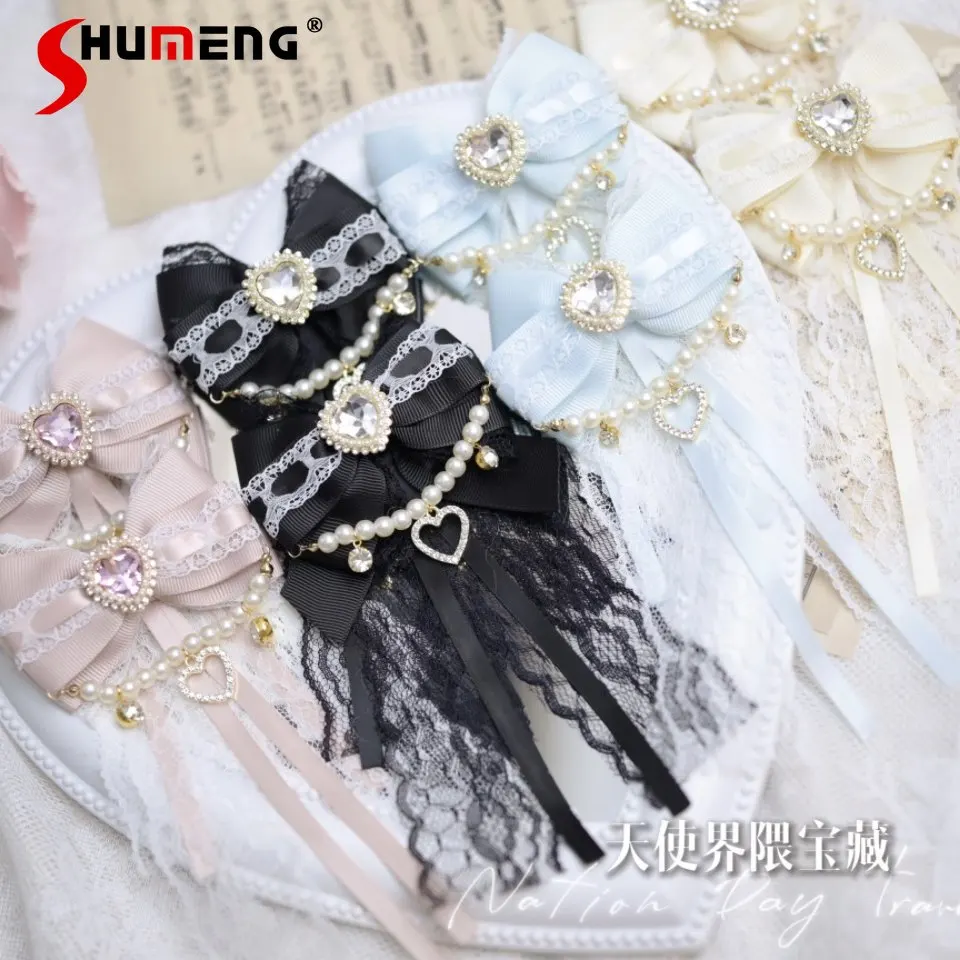 japanese-mines-style-mass-produced-heart-diamond-pearl-chain-lace-bow-hair-side-clips-sweet-cute-girl's-lolita-hair-accessories