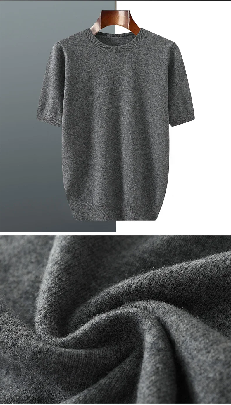 2026 Frühjahr/Sommer Neu Rundhals Herren Kurzarm Einfarbiges Strickshirt Mode T-Shirt Wolle Kurzarm Große Locker Sitzende Passform – Detail 38