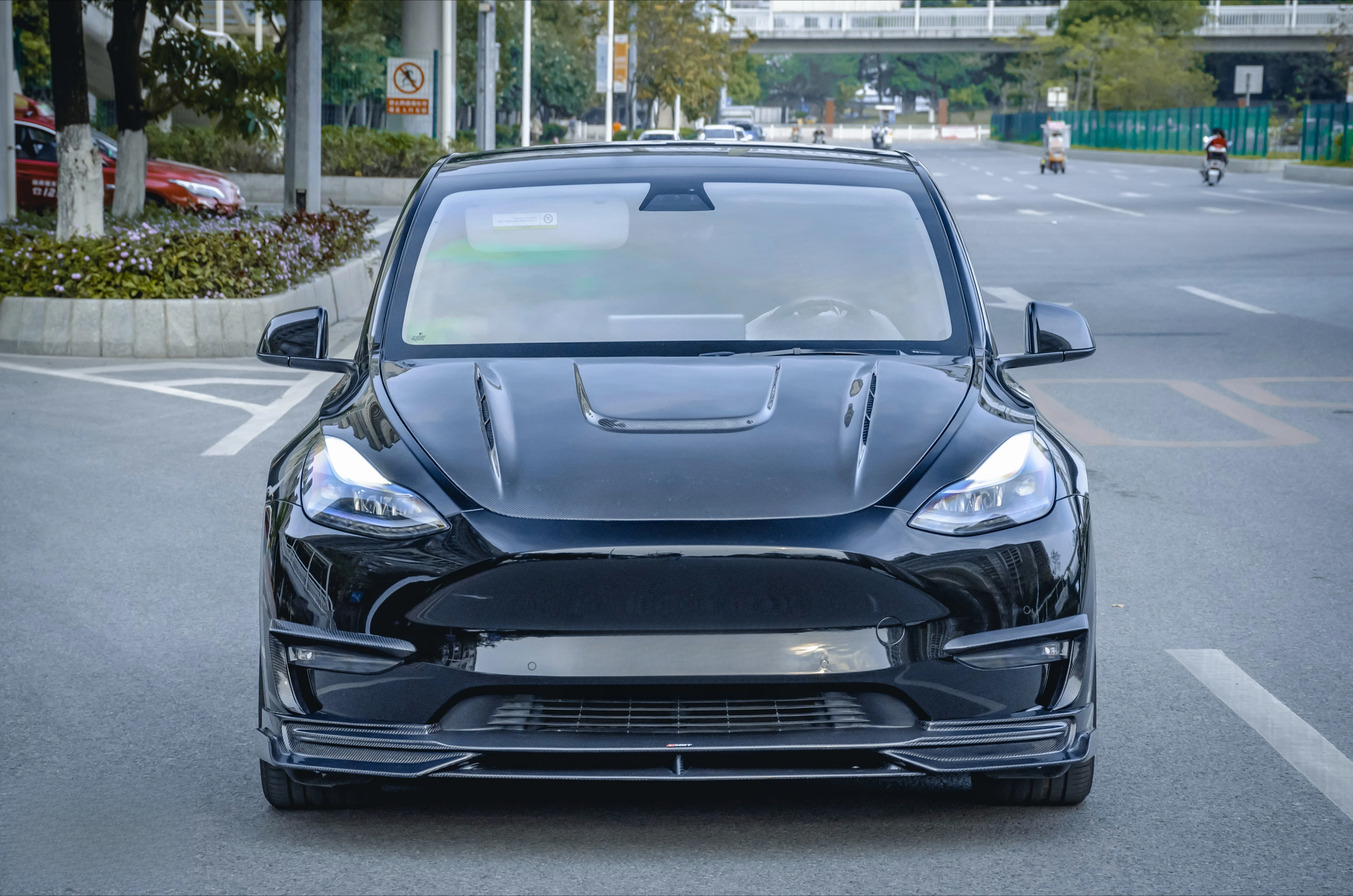 For Tesla Mode Y 2021-on Carbon Fiber Body Kits Front Rear Bumper Lip Vent Trim Side Skirts Ducktail Rear Spoiler CMST Style