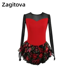 Zagitova Figure Skating Dress Women Girl Ice Skating Skirt Performance Competition Mesh Skirt Costume Black Red Rose Embroidery