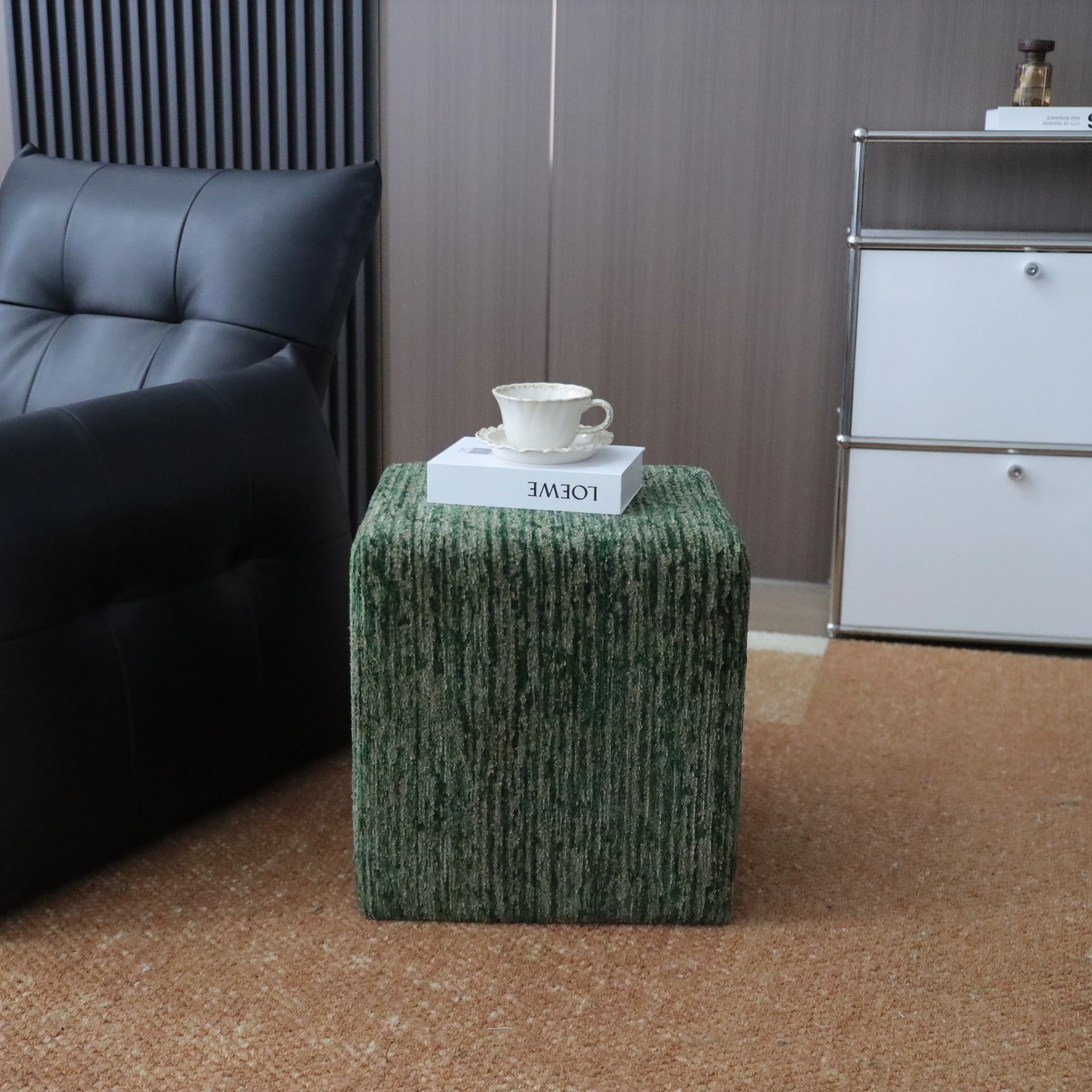 #￥Mid-Century Luxury Chenille Upholstered Square Ottoman Multi-Functional Stool for Living Room Bedroom Balcony Shoe Vanity Seat