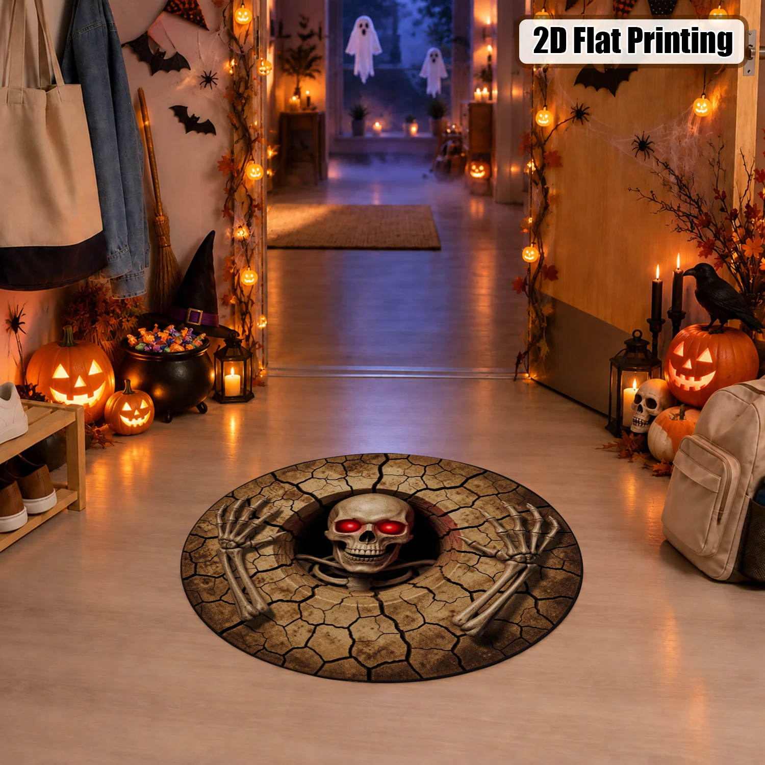 3D Cracked Earth Skull Skeleton Design Round Velvet Rug Machine Washable for Living Room Bedroom Entryway Halloween Thanksgiving Christmas New Year Black Friday Cyber Monday