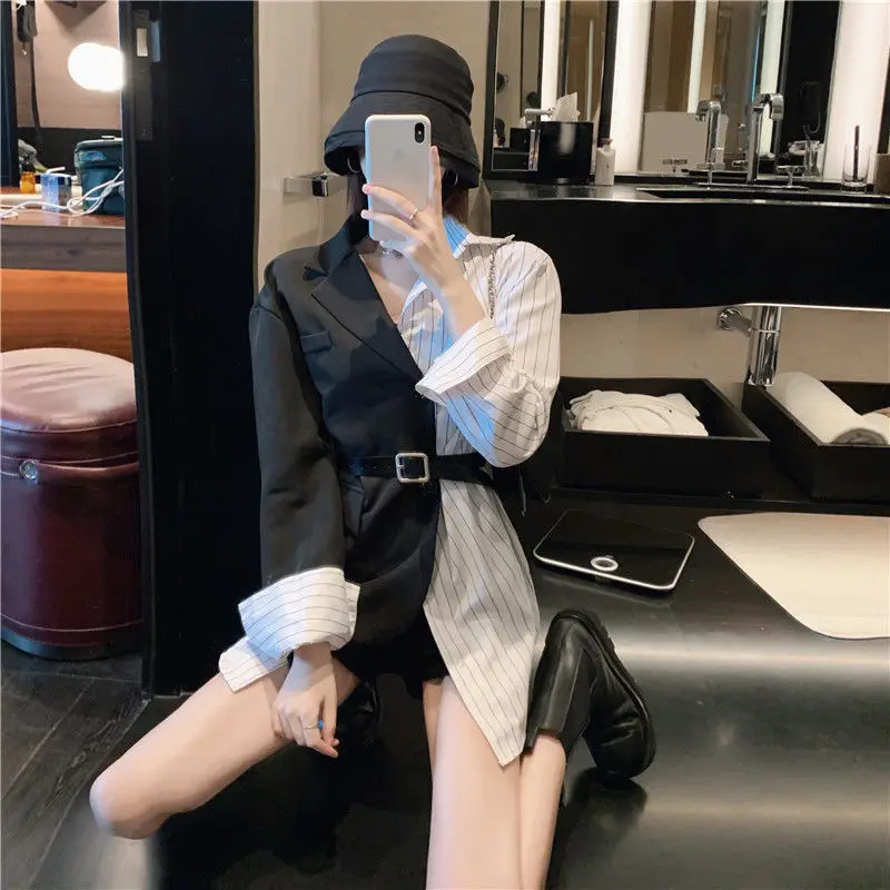 Women Korean Vintage Patchwork Blazers Fashion High Street White Black Blazer 2023 Spring Autumn Chic Slim Outwear All-match