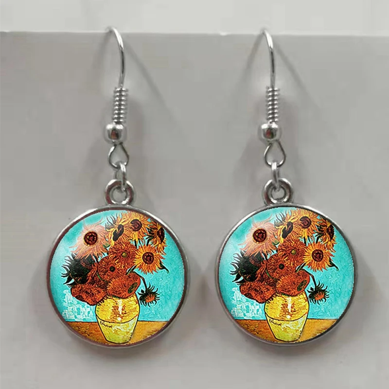 Van Gogh Painting Ear Studs Starry Night Ear Studs Van Gogh Sunflower Round Jewelry Glass Dome Earrings