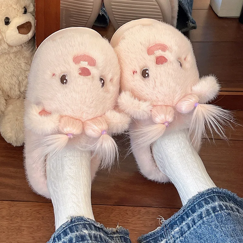 Woman cute home backless shoes women's novelty DIY slipper winter warm fuzzy cloud mules New niche creative braids bear slippers