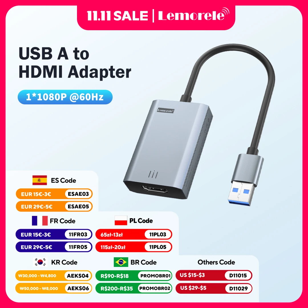 Lemorele USB-HDMI адаптер, совместимый преобразователь 1080P USB «папа» на HDMI «мама», внешняя видеокарта, кабель-адаптер