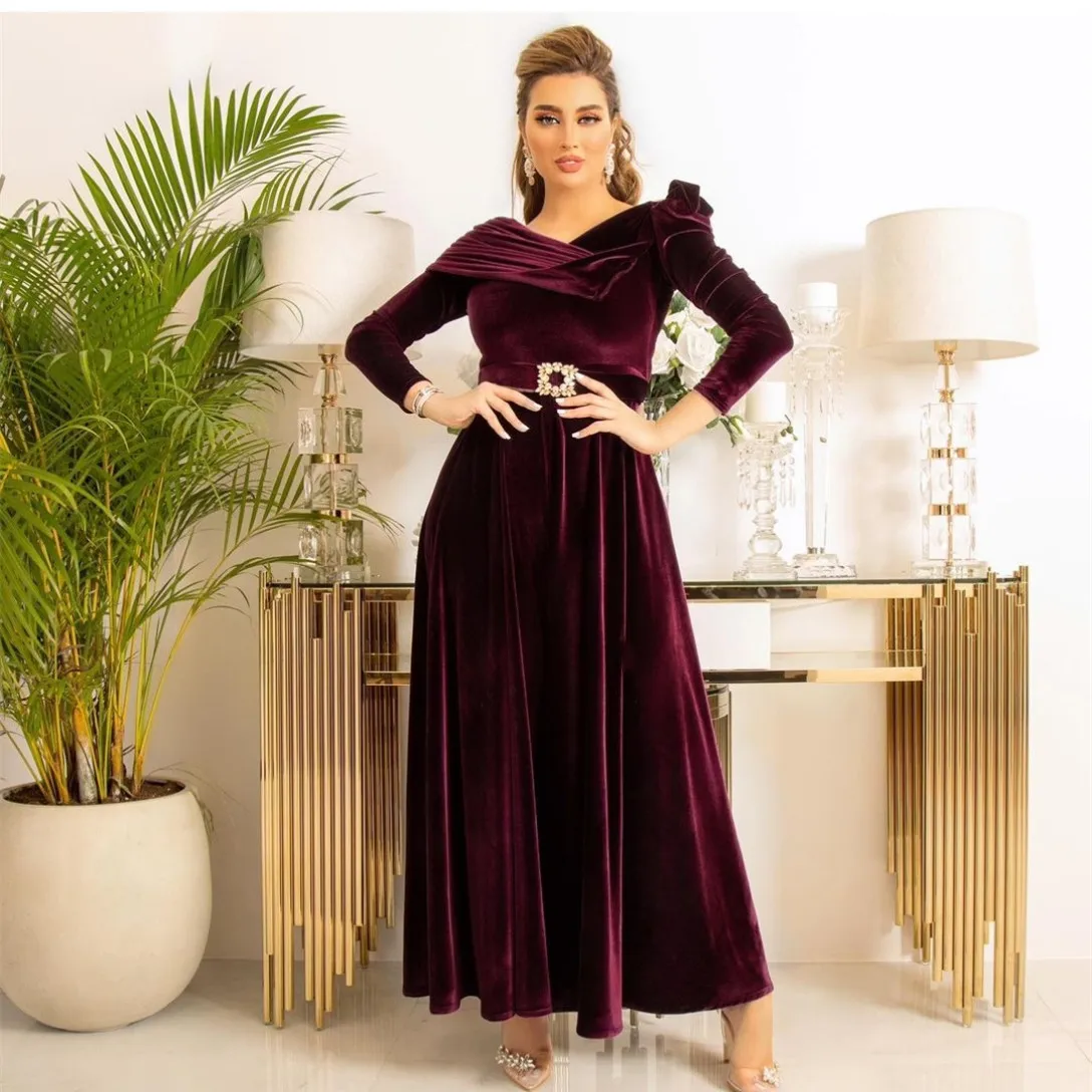 

Customized Short Burgundy V-Neck Evening Dresses with Sash A-Line Velvet Pleats فساتين السهرة Ankle Length Prom Dress for Women