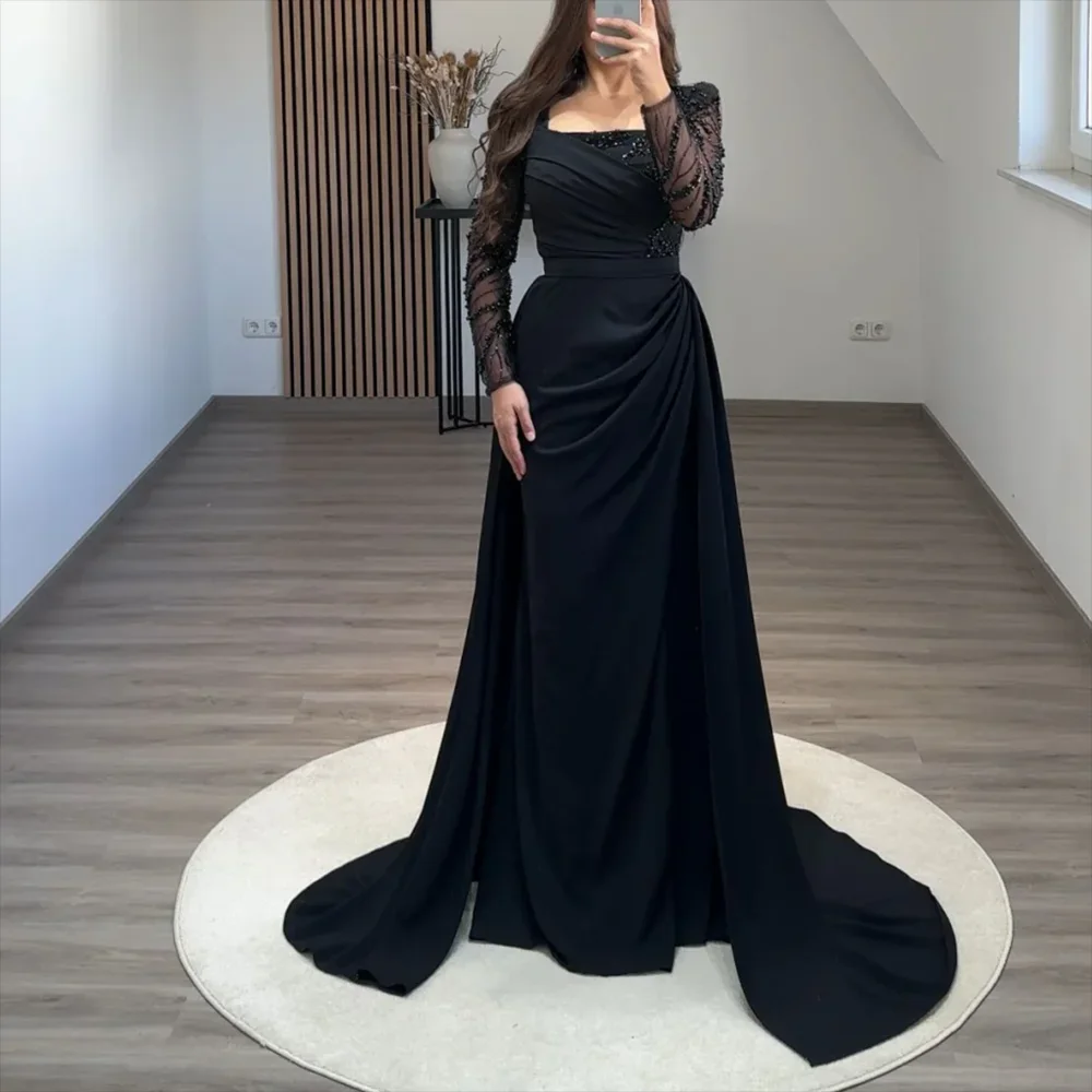 

Long Sleevele Beading Squarcollar Formal Elegant Dress Women For Wedding Party Simple Mermaid Evening Dress Plus Size Customized