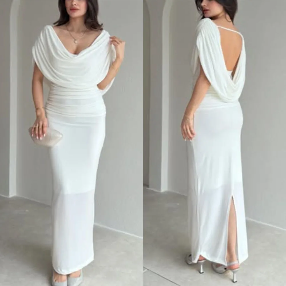 

High Quality Customized V-neck White Wedding Party Dresses Ankle Length Backless Vestidos Para Bodas Mujer Invitada فساتين سهره